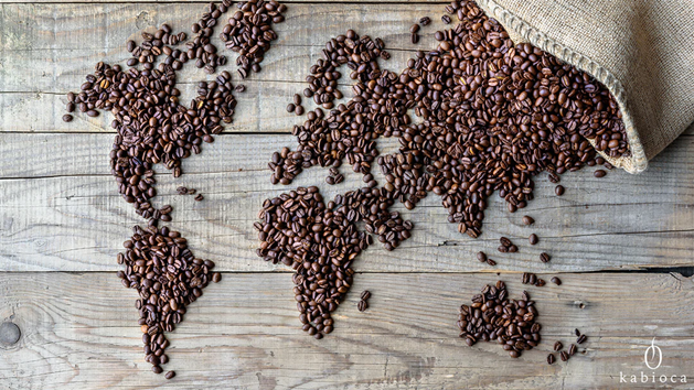 carte du monde réalisée à partir de grains de café kabioca