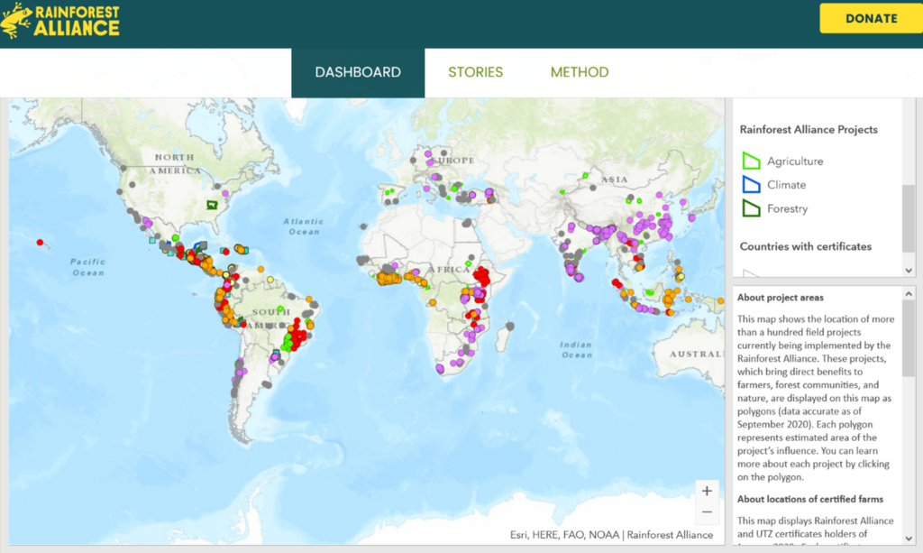 Carte du monde des fermes certifiées Rainforest Alliance
