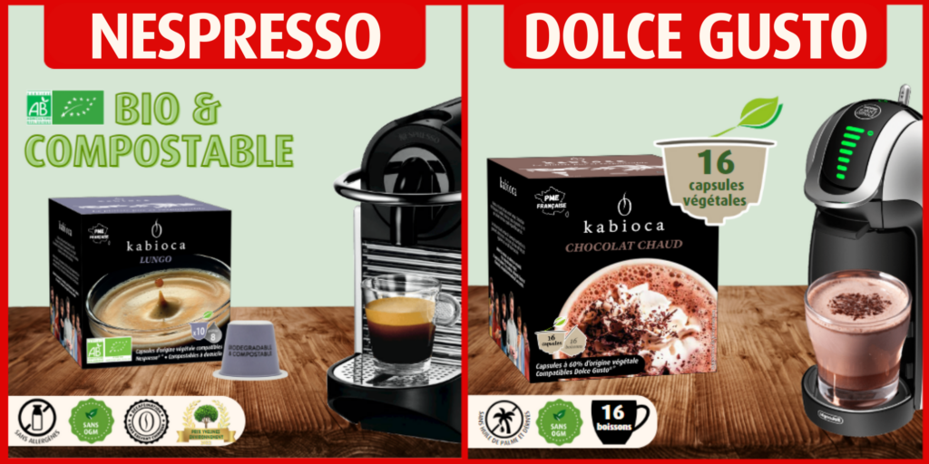 Capsules compostables Kabioca Nespresso et Dolce Gusto