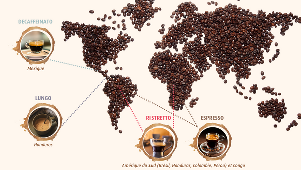Carte du monde d'origines des cafés bio Kabioca